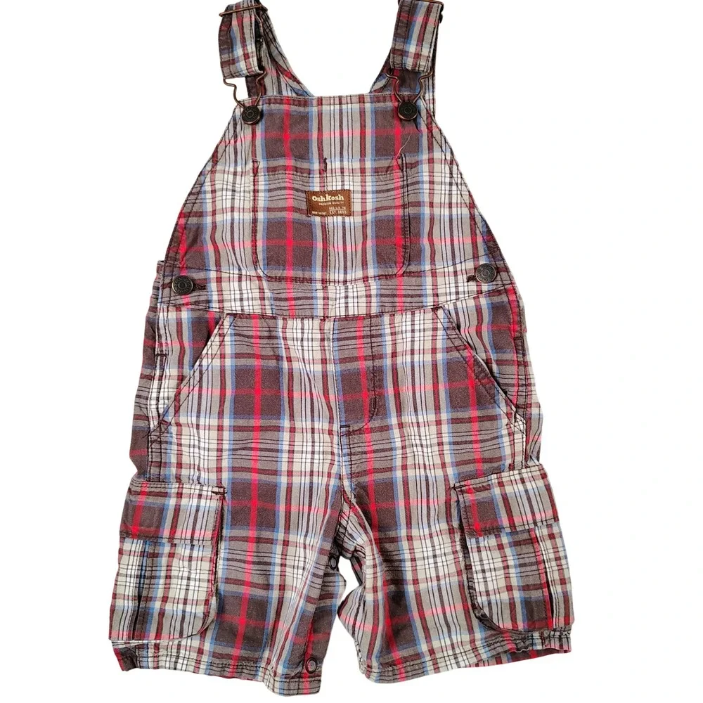 OshKosh Bgosh 24M Plaid Cargo Shortall Overalls Brown Red Blue Cotton